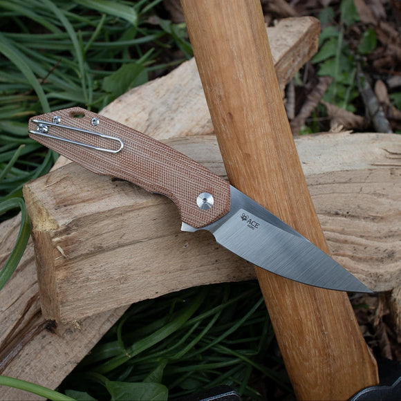GIANT MOUSE ACE KNIVES CORTA NATURAL MICARTA M390 STEEL LINER FOLDING KNIFE. - S&R KNIVES INC