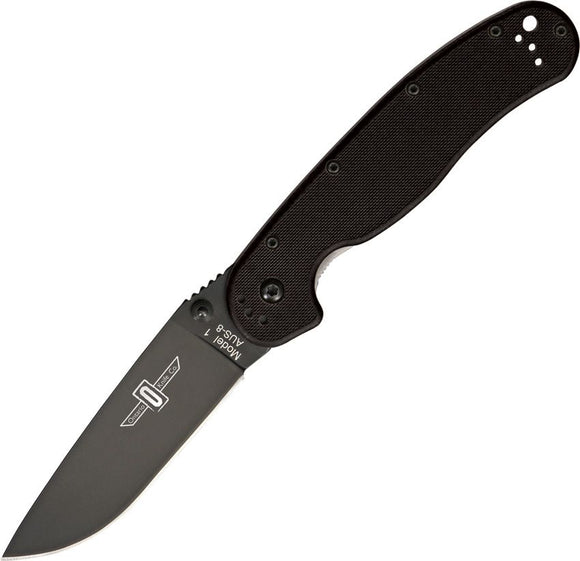ONTARIO 8846 RAT I AUS - 8 BLACK HANDLE PLAIN EDGE FOLDING KNIFE - S&R KNIVES INC