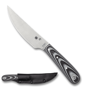 SPYDERCO BOW RIVER FIXED BLADE KNIFE – BLACK/GRAY G - 10 HANDLE, SATIN 8Cr13MoV TRAILING POINT BLADE, LEATHER SHEATH – MADE IN CHINA – MODEL FB46GP - S&R KNIVES INC